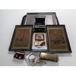 Three framed panels together with a cigarette case, lady's wristwatches, silver cuff links,