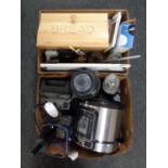 Two boxes containing kitchen Vitamix food mixer, Pressure King pressure cooker, bread bin,