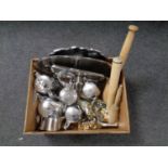 A box containing a quantity of stainless steel tea ware, napkin rings,