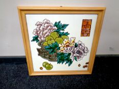 A Chinese glazed pottery tile, still life, framed.