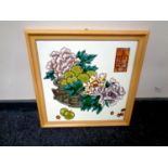 A Chinese glazed pottery tile, still life, framed.