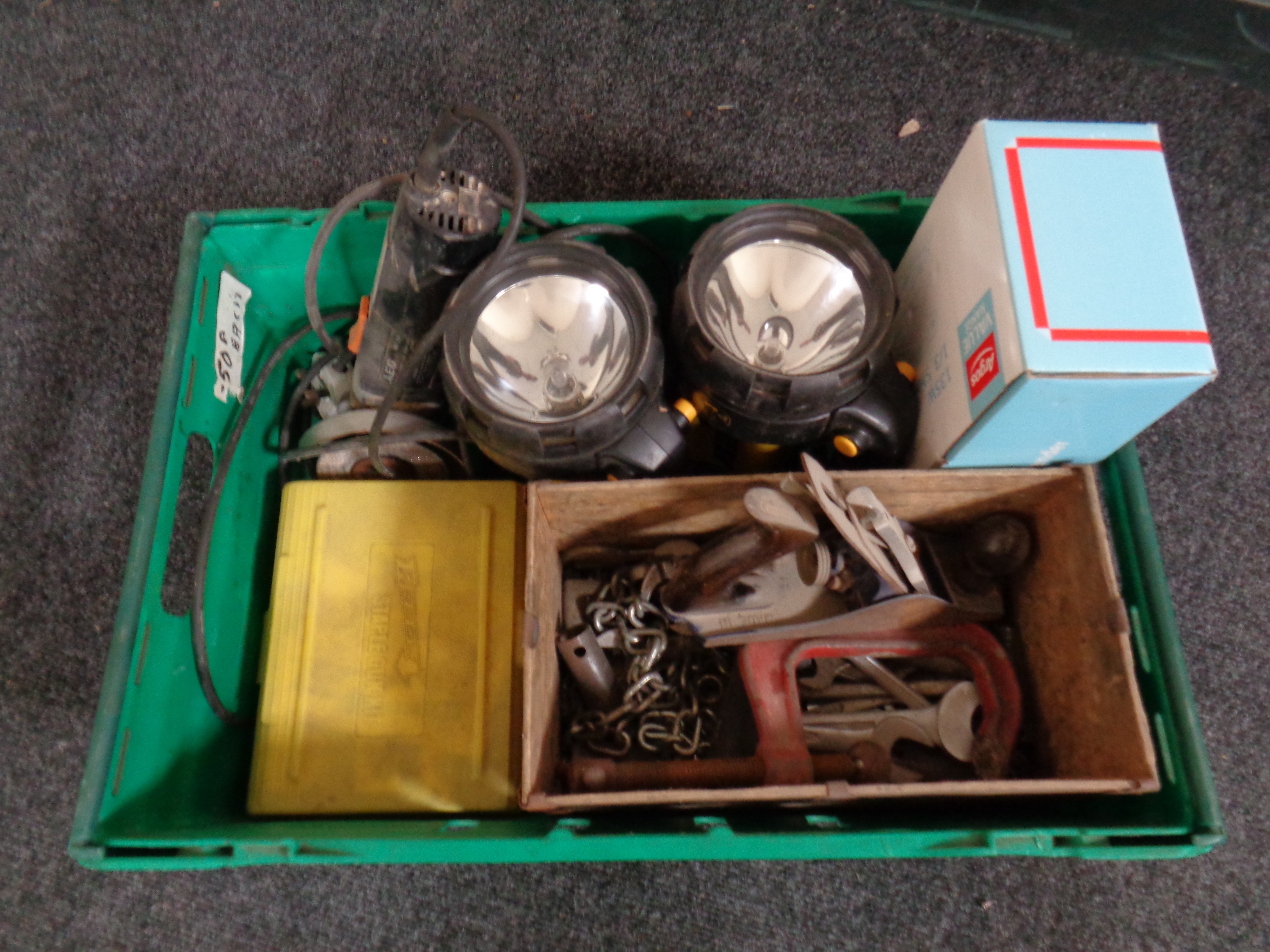 A crate of Record woodworking plane, G clamp, ring spanners, AEG angle grinder, staple gun,