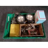 A crate of Record woodworking plane, G clamp, ring spanners, AEG angle grinder, staple gun,
