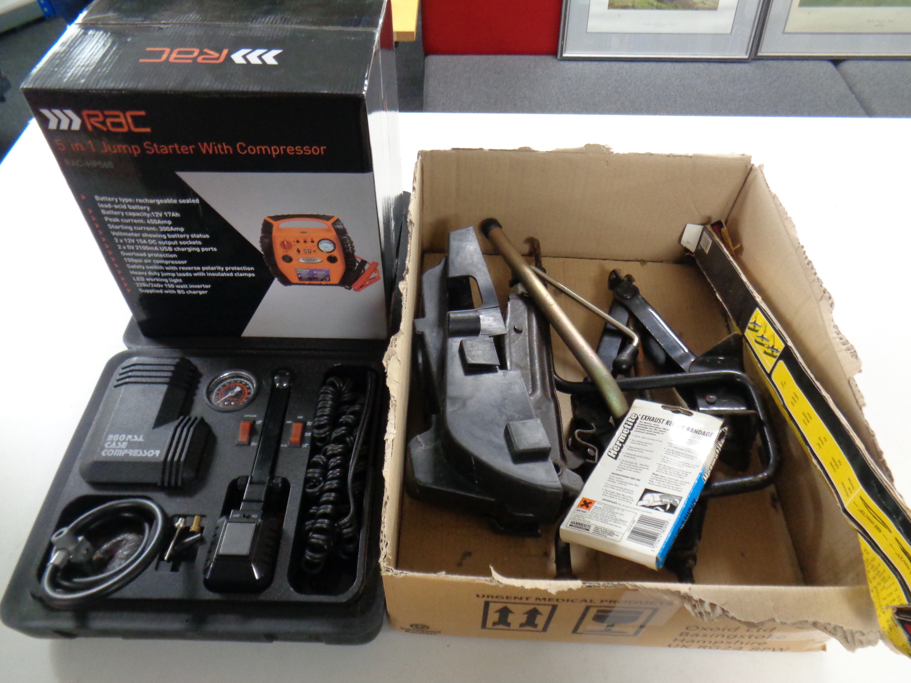 An RAC HP560 five in one jump starter, together with a further Richmond compressor,