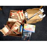 Two boxes containing children's toys to include wooden fort, board games, Riley pool balls,