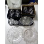 A tray of assorted glass ware to include boxed pair of Waterford crystal goblets,