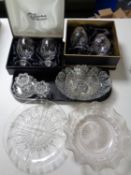 A tray of assorted glass ware to include boxed pair of Waterford crystal goblets,