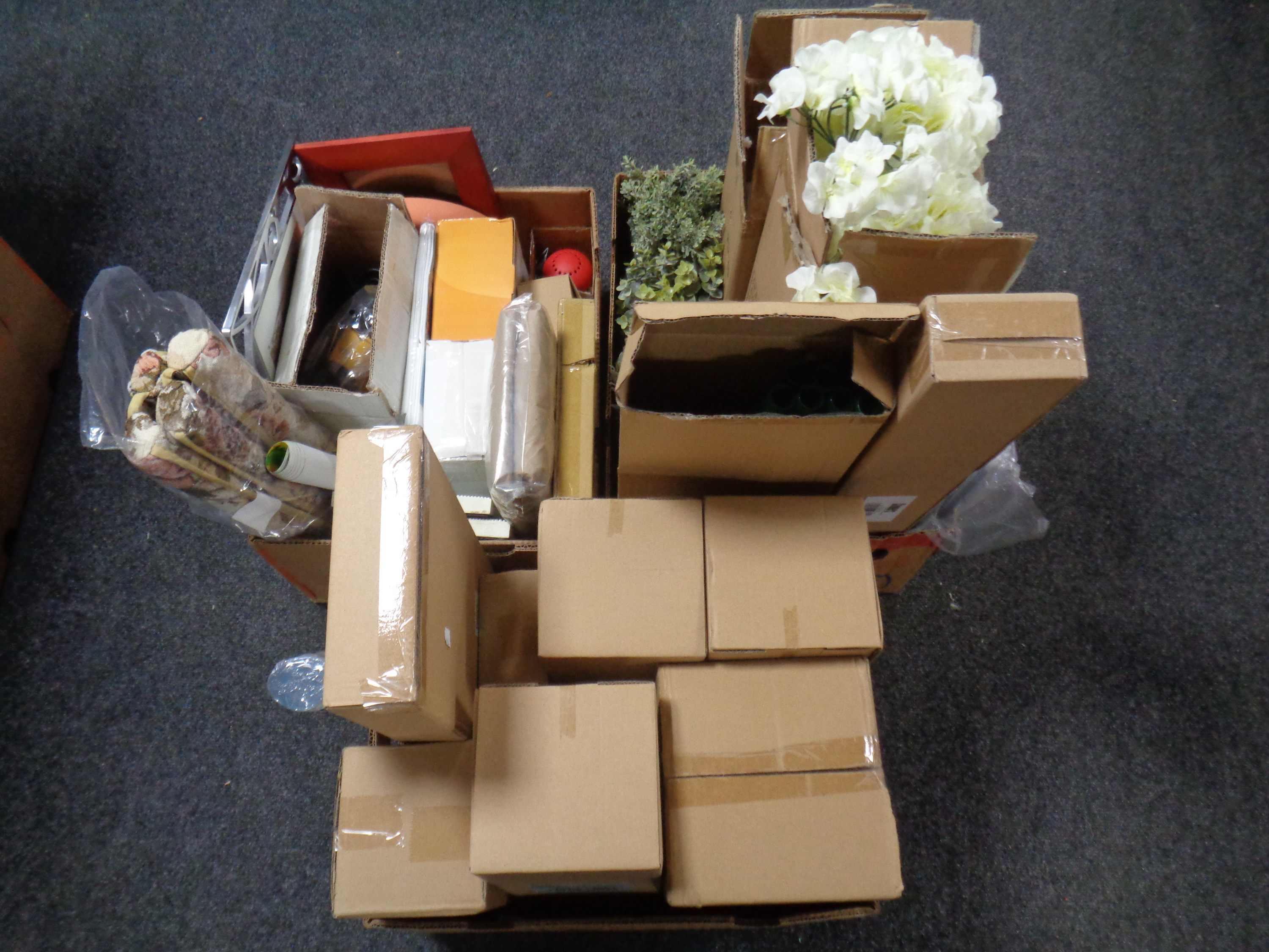 Three boxes containing boxed items to include Cooper's potted plants, pressure sprayer,