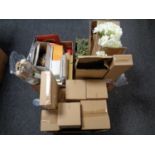 Three boxes containing boxed items to include Cooper's potted plants, pressure sprayer,