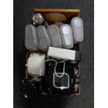 Two boxes containing kitchen electricals, flasks, pump pot, fly zapper,