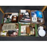 Six boxes of miscellany to include glass ware, metal ware, vintage power tools, vintage bottles,