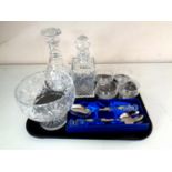 A tray containing assorted glass ware to include boxed Waterford crystal servers,