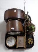 A tray of two oak cased Smiths mantel clocks together with a battery operated carriage clock and