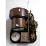 A tray of two oak cased Smiths mantel clocks together with a battery operated carriage clock and