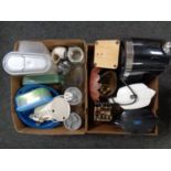 Two boxes containing kitchen ware to include toaster, water filter jugs,