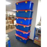 Seven Contico plastic storage boxes with lids
