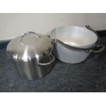 A stainless steel lidded pan together with an aluminium cast iron handled jam pan