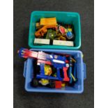 Two boxes containing children's toys to include plastic and die cast vehicles to include a Corgi