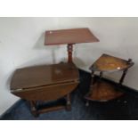 A 19th century two tier whatnot stand and pedestal wine table together with a further drop leaf oak