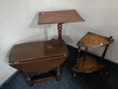 A 19th century two tier whatnot stand and pedestal wine table together with a further drop leaf oak