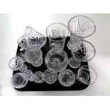 A tray containing lead crystal and cut glassware to include vases,