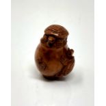 A carved hardwood netsuke - Turtle family in a pot