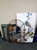 Two metal decorative wall art peacocks together with three contemporary framed mirrors