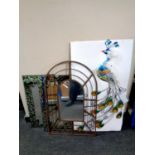 Two metal decorative wall art peacocks together with three contemporary framed mirrors