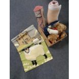 A box of woollen wall hanging depicting sheep, two rugs, cushion,