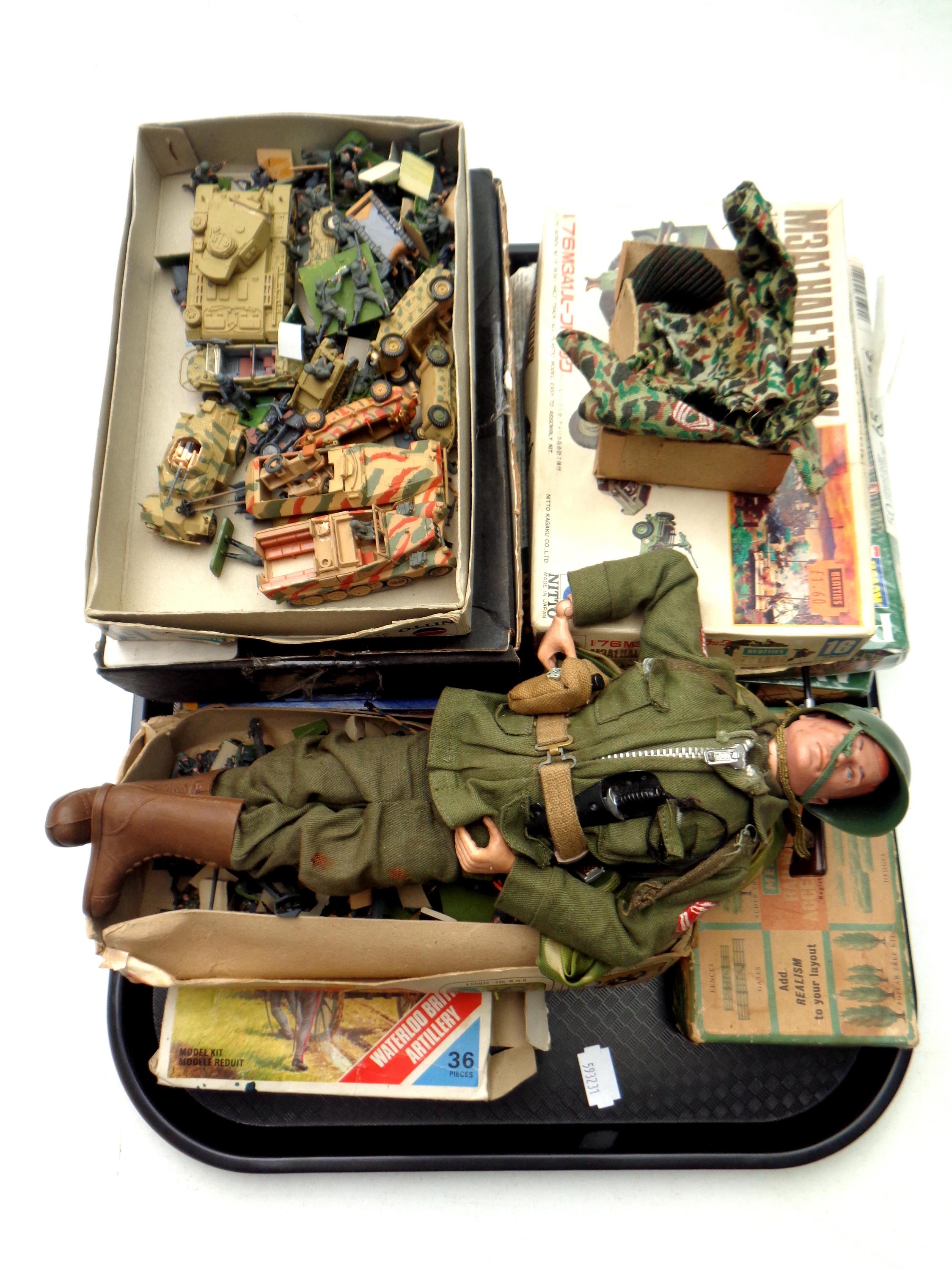 A tray of mid 20th century Action Man, assorted plastic soldiers and vehicles,