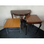 A D-shaped table together with a mahogany occasional table with melamine top and a further wire