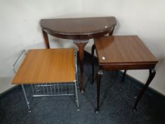 A D-shaped table together with a mahogany occasional table with melamine top and a further wire