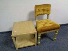 A painted bedroom chair upholstered in a gold button button dralon together with a painted two tier