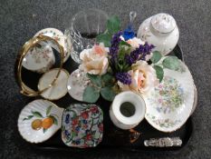 A tray of assorted ceramics and glass ware to include Aynsley and Royal Worcester dishes,