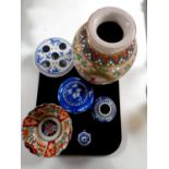 A tray of oriental ceramics to include Satsuma vase, Imari scalloped edge bowl,