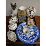 A tray of carriage clock and assorted ceramics to include Royal Crown Derby miniature mug and