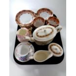 A tray containing part Victorian tea service,