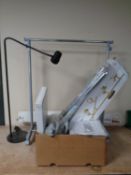 A box of steam mop, slide and photo scanner, ceiling light track, clothes rail,