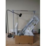 A box of steam mop, slide and photo scanner, ceiling light track, clothes rail,