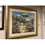 A contemporary gilt framed print, steps in a flower garden,