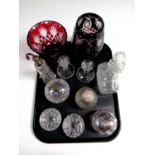 A tray containing assorted antique and later glassware to include cut glass and silver scent bottle