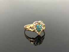 An antique 15ct gold turquoise and seed pearl heart shaped ring