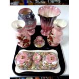 A tray containing a five piece Maling Rosine trinket set together with four further Maling pink
