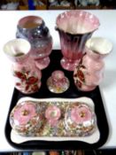 A tray containing a five piece Maling Rosine trinket set together with four further Maling pink