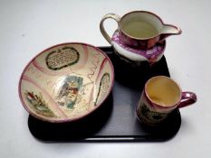 A tray containing three pieces of Sunderland lustre china to include The Sailor's Farewell bowl and
