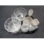 A tray of assorted glass wares to include, lead crystal bowls, decanters with stoppers,