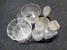 A tray of assorted glass wares to include, lead crystal bowls, decanters with stoppers,