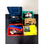 Two plastic crates and a tool box of assorted hand tools, hardware, bulbs, timing switches,