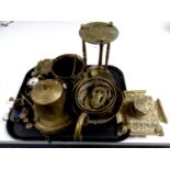 A tray containing a quantity of antique and later brass ware to include ship's bell, inkwell,