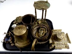 A tray containing a quantity of antique and later brass ware to include ship's bell, inkwell,